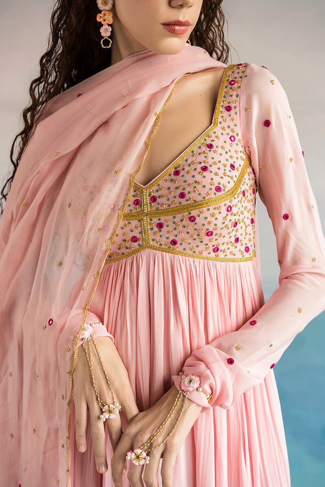Beige & Pink Printed Anarkali Dress with Dupatta